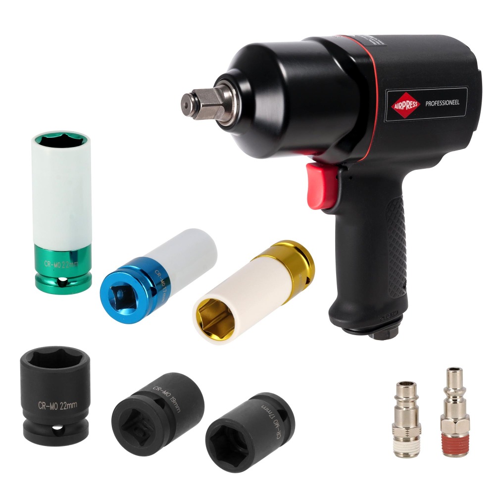 Klucz udarowy pneumatyczny AIRPRESS 1/2" 1800 Nm + nasadki - bez walizki bokiem